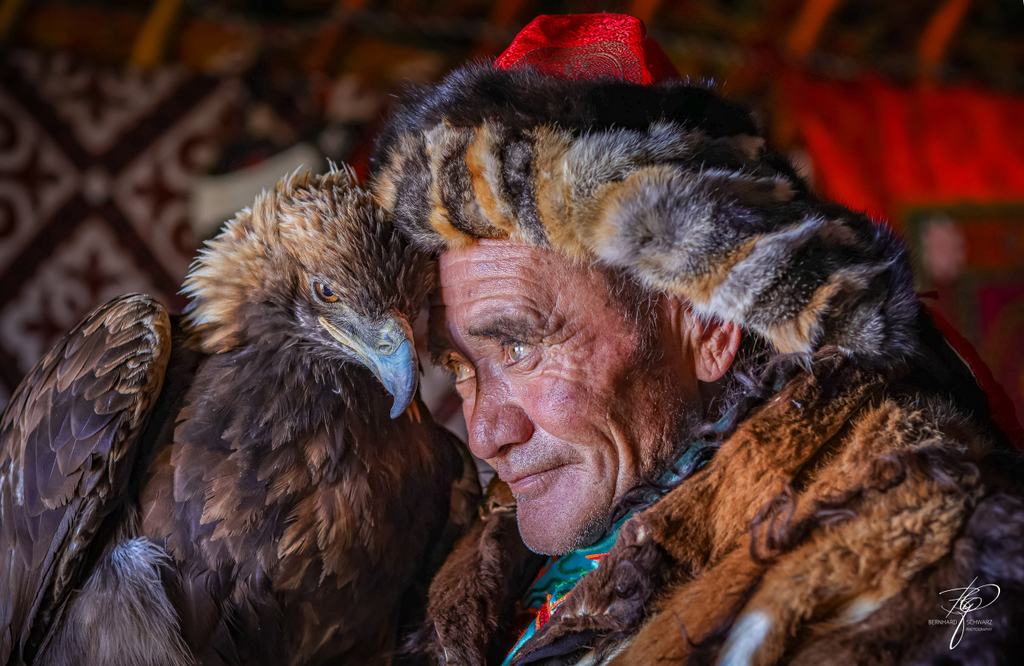 Adlerjäger mit Fellmütze dicht neben seinem Steinadler, im Hintergrund die gemusterte Wand einer Jurte